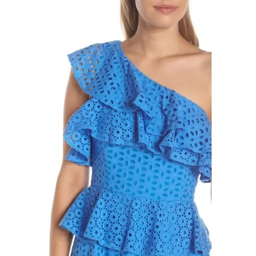 Lilly Pulitzer Josey One Shoulder Dress Coastal Blue Flower Eyelet Ruffles